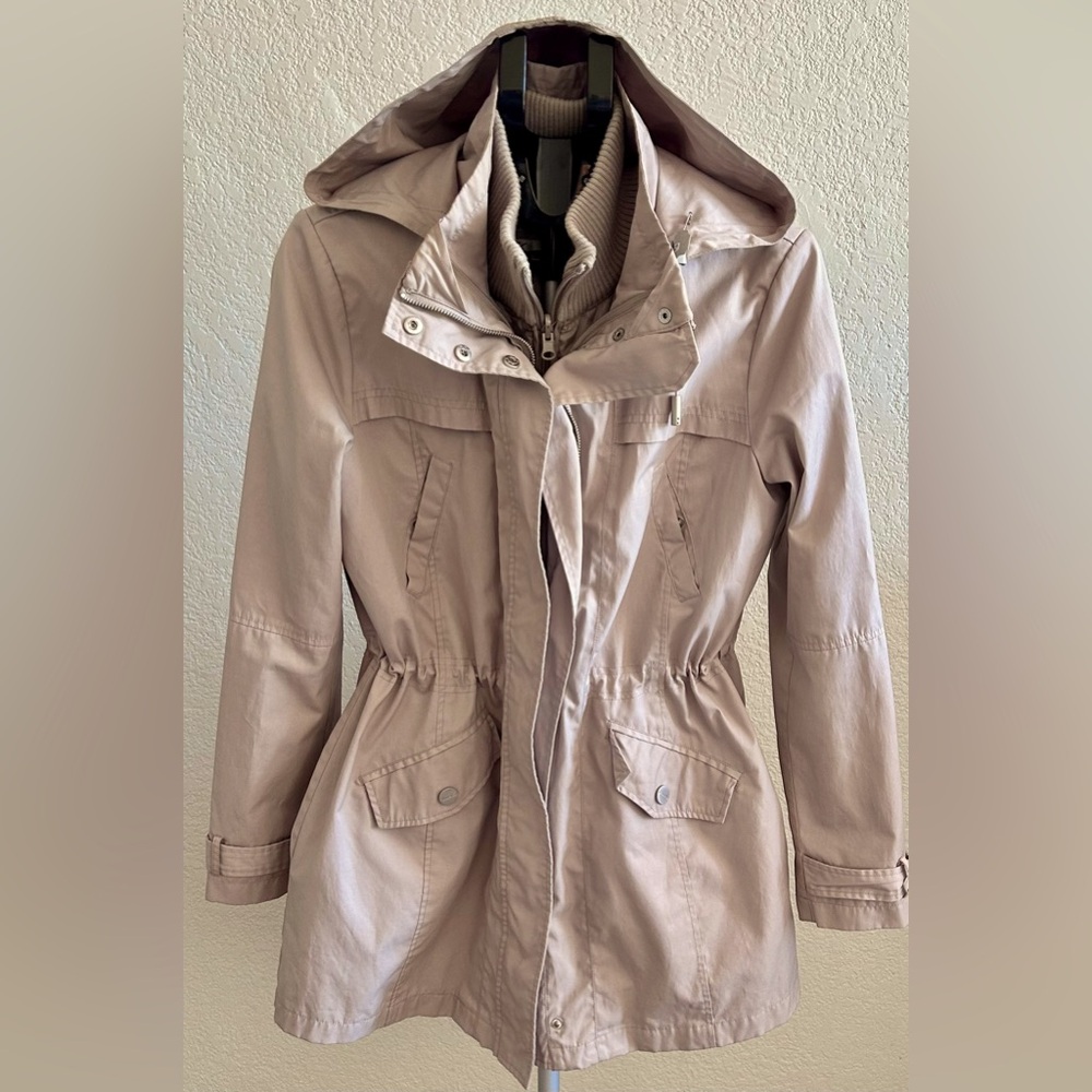Kenneth Cole Mid Length Utility Coat Camel With Removable Vest and Hood Womens L